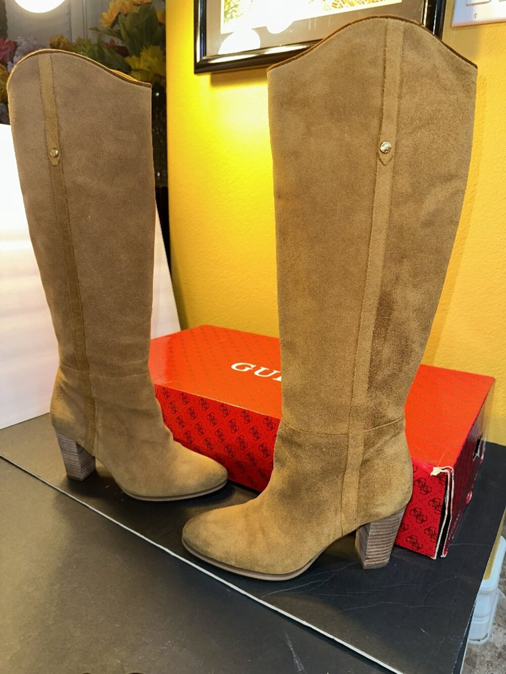GUESS Honon Suede Tall Boots in Natural/Cognac color Size 8.5M